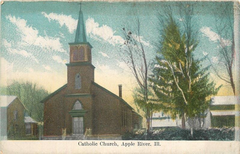 Apple River Illinois~Partly Cloudy over Catholic Church, Pine Tree~1910 Postcard 