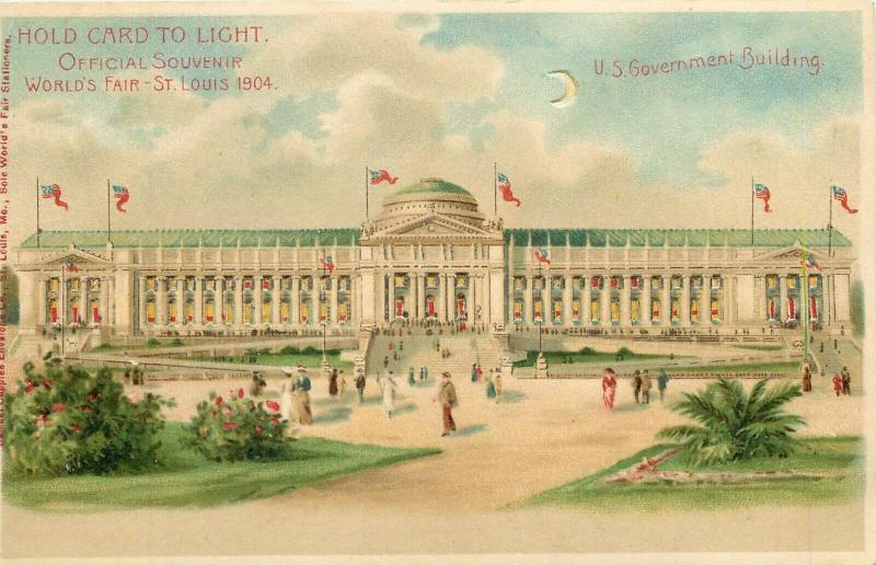 1904 St. Louis MO Worlds Fair Hold-to-Light Postcard US Government Building nice