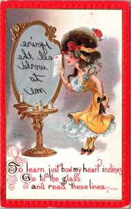 Dwig Artwork Postcard Woman Reading Backward Message in Mirror Romance