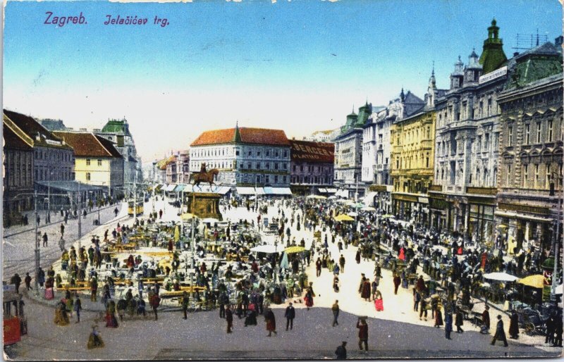 Croatia Zagreb Ban Jelačić Square Trg bana Josipa Jelačića Vintage Postcard C104