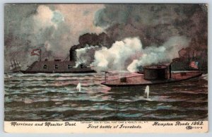 1908 MERRIMAC & MONITOR DUEL*HAMPTON ROADS 1862*1st BATTLE OF IRONCLADS*POSTCARD