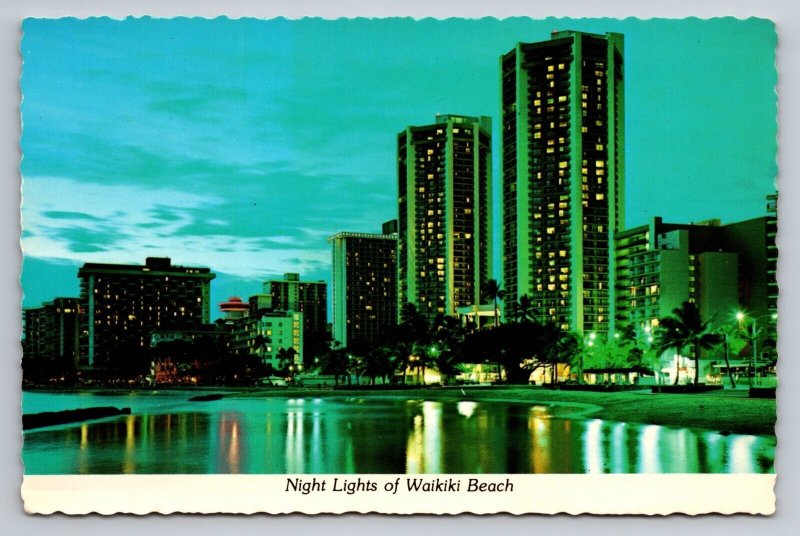 Night Lights of Waikiki Beach Hawaii Vintage Unposted Postcard