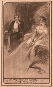 Vintage Postcard 1910's Lovers Couple Sketch Drawing Fair Lady Sweet Romance