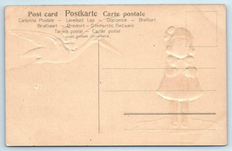 Vintage BIRTH ANNOUNCEMENT Little Girl, Baby STORK c1910s  Embossed  Postcard