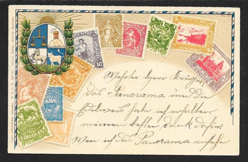 URUGUAY Stamps on Postcard Embossed Shield Used c1905