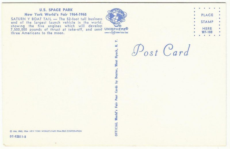 NASA Saturn V Rocket Boat Tail at Space Park New York World's Fair 1964 Postcard