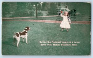 Child And Dog Playing On Lawn Sown Stoke's Standards Seed Advertising Postcard