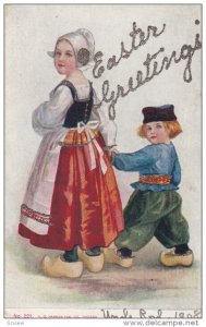 EASTER;Greetings, Dutch Mother and son holding hands, Glitter detail, 00-10s