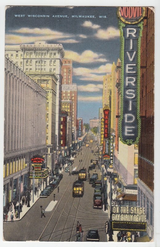 P2332, 1946 postcard wisconsin ave view signs riverside on stage gay girly revue