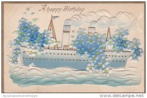 Happy Birthday Boat With Blue Flowers Embossed 1910