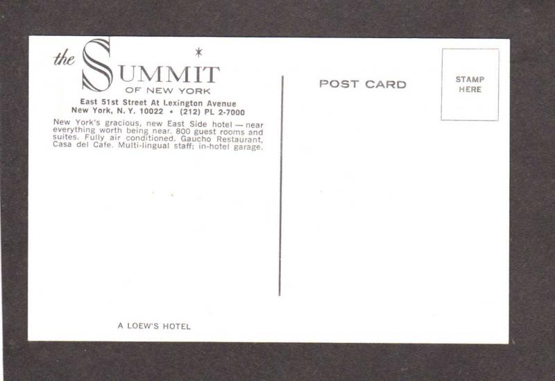 NY Summit Hotel New York City NYC East Side Postcard