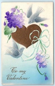 TO MY VALENTINE ~ Embossed HEART & FLOWERS Airbrushed PFB ca 1910s  Postcard