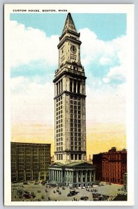 Boston Massachusetts~Custom House Tower Bldg Street View~Tichnor Vtg Postcard