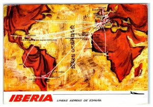 Advertising IBERIA AIRLINES of Spain - Graphics ROUTE MAP 1971  4x6 Postcard