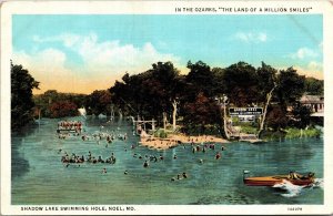 Postcard Missouri Ozarks Noel Shadow Lake Kids Swimming Hole Motor Boat 1931 V38