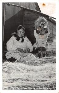 Alaska~Eskimo Mother & Child in Far North Tending Fishing Nets~Johnston RPPC