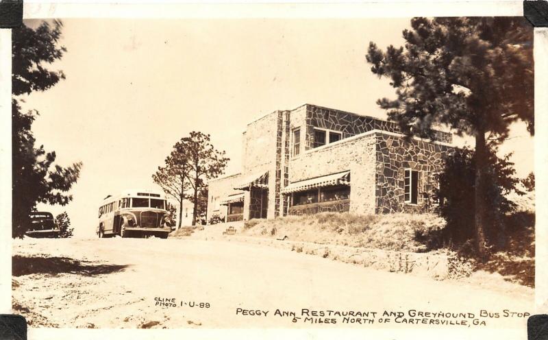 Cartersville GA~Greyhound Depot Bus Stop~Peggy Ann Restaurant~1940s Cline RPPC 