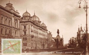 Krakow Poland Matejki and Monument Street Scene Real Photo Postcard AA59774