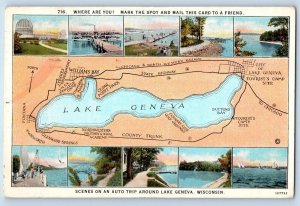 1929 Where Are You? Scenes On Map On An Auto Trip Lake Geneva Wisconsin Postcard