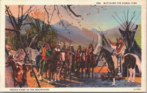 USA The Signal Fire Indian Camp In The Mountains Native American Linen 09.42