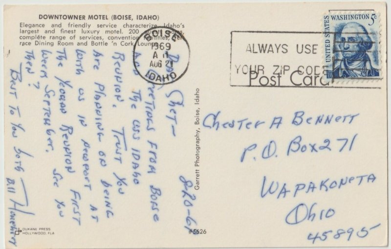 VINTAGE POSTCARD DOWNTOWNER MOTEL BOISE IDAHO POSTED 1969