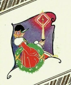 1907-15 Christmas Lady & Pet Wreath Postcard Red Dress Holding Candle Greetings 