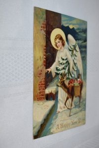 A Happy New Year Angel Gifts Christmas Tree Greetings Postcard Germany