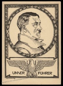 3rd Reich Germany Adolf Hitler Portrait Postcard J Pickel Nuernberg UNUSE 100382