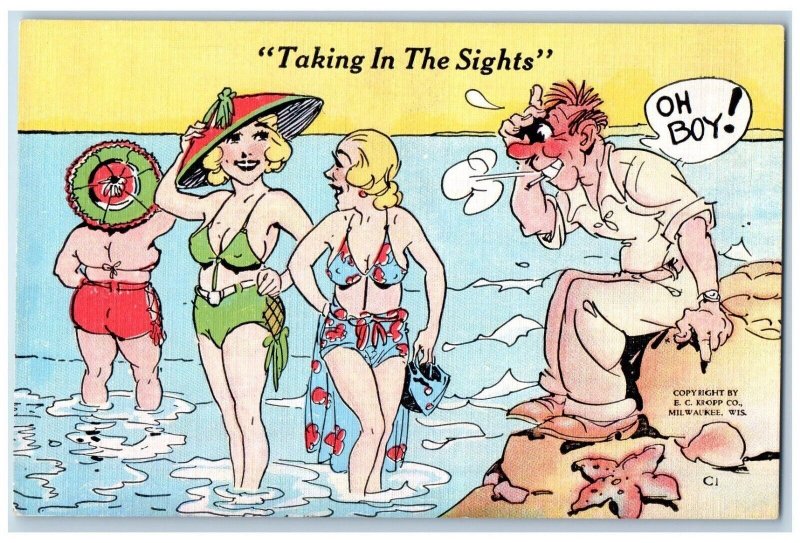 Man Peeping Tom Postcard Taking In The Sights Woman Swimsuit Beach Scene Vintage