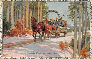 FRÖHLICHE FAHRT ins NEUE JAHR~HAPPY JOURNEY INTO NEW YEAR~1925 HORSES POSTCARD