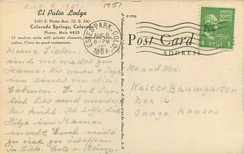 Colorpicture Colorado Springs Colorado El Patio Lodge roadside Postcard 20-14129