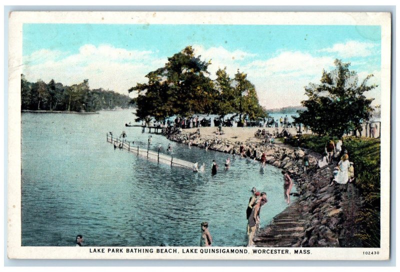 c1920's Lake Park Bathing Beach Lake Quinsigamond Worcester MA Antique Postcard