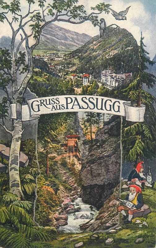 Switzerland greetings from Passugg dwarf gnomes and panorama vintage postcard