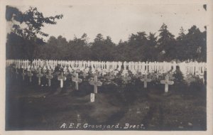 RPPC AEF GRAVEYARD BREST FRANCE WW1 MILITARY REAL PHOTO POSTCARD (c. 1918)