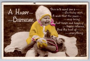 A Happy Birthday, Laughing Baby, Teddy Bear, Vintage 1930 Real Photo Postcard