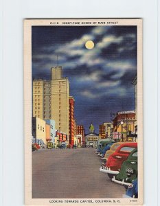 Postcard Night-Time Scene Of Maine Street Looking Towards Capitol, Columbia, SC