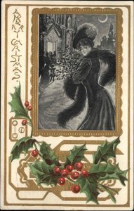 Christmas Beautiful Woman with Fur Stole c1910 Vintage Postcard