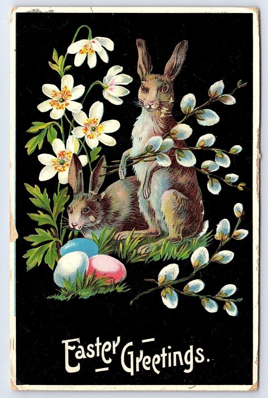 Easter Greetings Wishes Card Bunny Flowers Eggs Holiday Souvenir Postcard