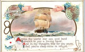 CHRISTMAS Greeting Embossed  c1910s Postcard w/2 GLOBES & SAILING SHIP, POEM