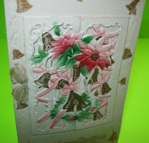 Christmas Postcard 3D Raised Image Embossed German Bells Poinsettias TIC Vintage