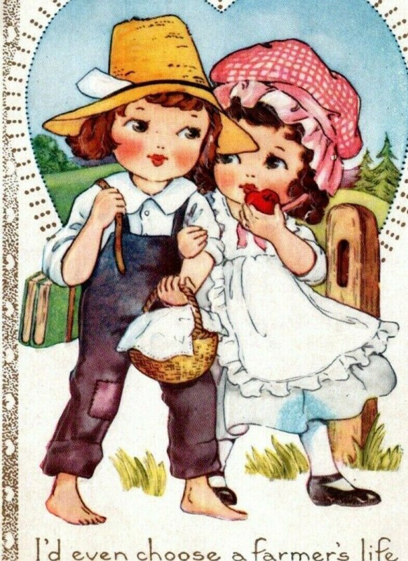 Whitney Made Valentine Postcard Farmer Boy Carrying Girls Books and Basket PF