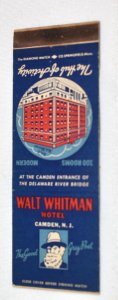 Walt Whitman Hotel Camden New Jersey Advertising 20 Strike Matchbook Cover