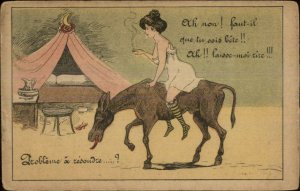 French Woman Lingerie Riding Horse Smoking Cigarette c1910 Postcard