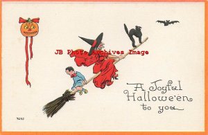 329671-Halloween, Bergman No 7035-6, Boy & Black Cat Riding Broom with Witch