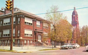 Defiance OH St John's Catholic Church & School Old Cars Postcard