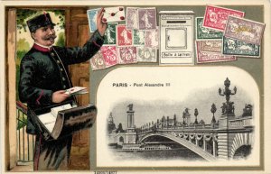 PC STAMPS, PARIS, PONT ALEXANDRE, Vintage EMBOSSED Postcard (b47916)