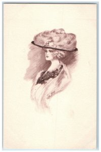 c1910's Pretty Woman Big Hat Feather Artist Signed Posted Antique Postcard