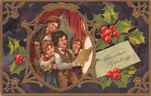 CHRISTMAS HOLIDAY CHILDREN SINGING ORANGE NEW YORK EMBOSSED PFB POSTCARD 1910