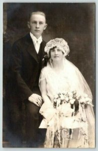 Real Photo Postcard~Wedding Photo~Fred & Helen Kocher~Flapper Style Gown~1929 