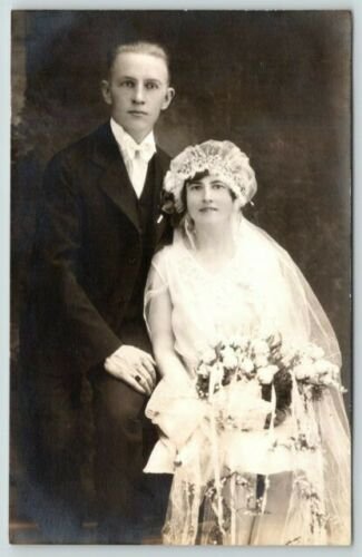 Real Photo Postcard~Wedding Photo~Fred & Helen Kocher~Flapper Style Gown~1929 